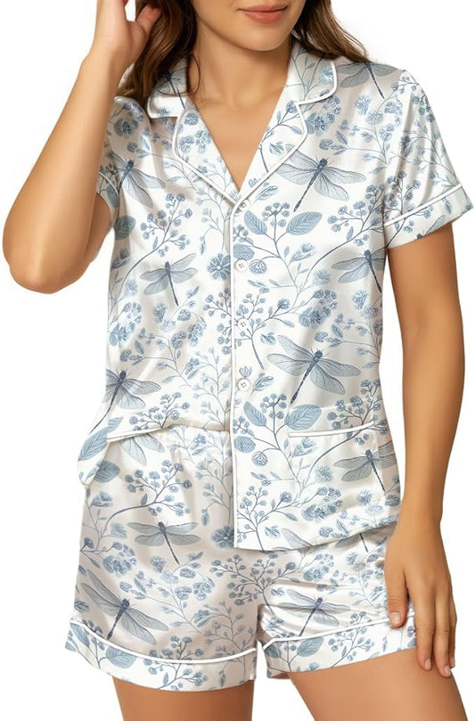 Women’s Silk Satin Pajama Set, Short Sleeve Button Down 2 Piece PJs with Shorts, Cozy Loungewear & Matching Holiday Pajamas