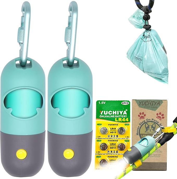 Dog Poop Bags Holder with LED Flashlight|Pet Waste Bags Dispenser for Leash|Doggie Potty Bags Container with Leak-proof Pet Trash Bags and Accessories (2 Holders 30 Bags, Crystal Blue)