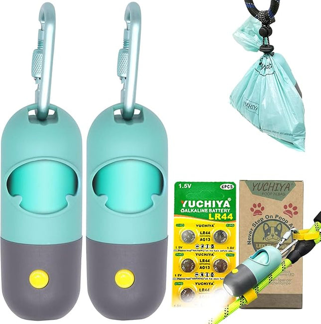 Dog Poop Bags Holder with LED Flashlight|Pet Waste Bags Dispenser for Leash|Doggie Potty Bags Container with Leak-proof Pet Trash Bags and Accessories (2 Holders 30 Bags, Crystal Blue)