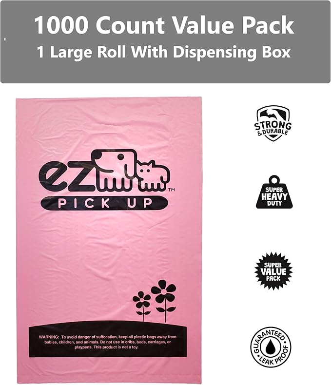 1000 Pet Waste Disposal Dog Poop Bags, EZ Pick Up Bag, Pink (single roll), 9"x12" Large