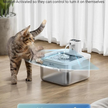 DownyPaws Battery Operated Cat Water Fountain Stainless Steel, 84oz/2.5L Fursink Wireless Pet Water Fountain for Cats Inside, Automatic Dog Water Dispenser with Faucet, Quiet Pump, BPA-Free, White