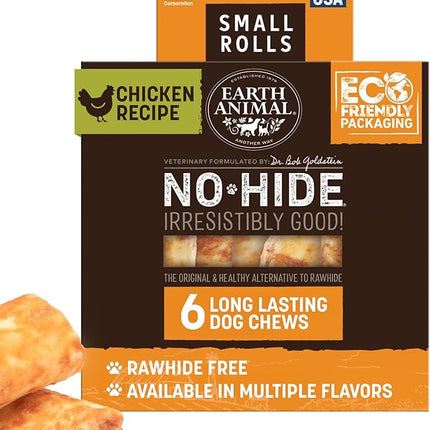 Earth Animal No Hide Chews - Long Lasting Rawhide Free Small Dog Chews Rolls, Chicken - 6 Count