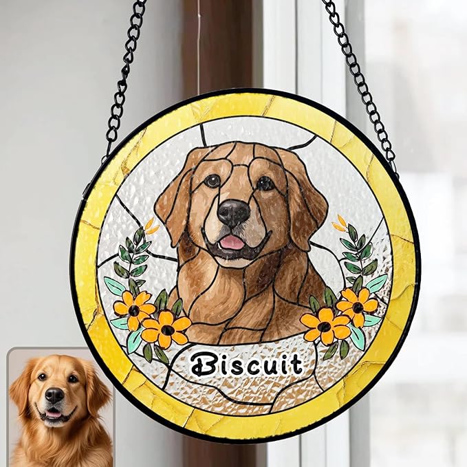 Gabita Custom Pet Portrait Stained Glass Ornaments, Memorial Dog Portrait Art Window Hanging, Dogs Cat Ornament Christmas Tree, Dog Sympathy Gift, Pet Memorial Ornament