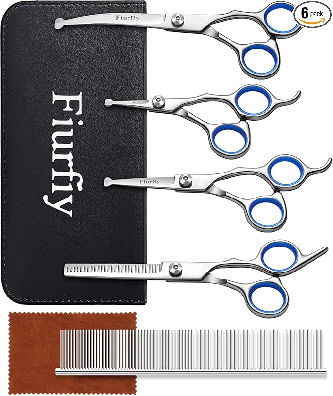 6-in-1 Dog Grooming Scissors - Professional Stainless Steel Hair Cutting Kit with Safety Rounded Tips, Ergonomic Soft-Grip Handles for Small & Large Dogs, Cats