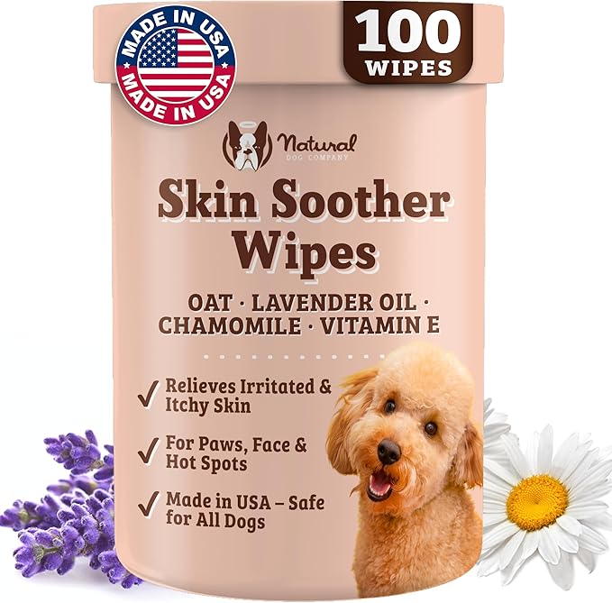 Natural Dog Company Skin Soother Wipes, 100 Count, Pet Wipes for Dogs, Hypoallergenic Formula, Dog Moisturizer for Dry Skin, Grooming Wipes for Dogs, Pet Itch Relief for Dogs