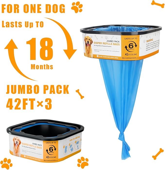 42FT Jumbo Square Refills Disposal Bags Refill Compatible with Pe.t Dogs Gen.ie Dog Waste Disposal System Pails, Up to 6 months of Supply,Ultimate Odor Control Dog Poop Bags, 3 Pack