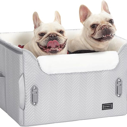 PETSFIT Dog Booster Car Seat, Waterproof PU Leather Car Seat for Dogs with Patented Safe Buckles, 2 Clip-On Safety Leashes, Suitable for 2 Small Dogs or a Medium Dog (Medium, Grey)