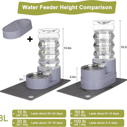 RIZZARI Large Water Dispenser for Dogs: 8L Gravity Gray Automatic Stainless Steel Waterer with Specialized Brush and Triple Filter - Raised Pet Feeder for Senior Dogs with Joint Pain in Bedroom Garden