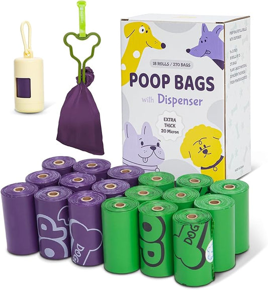 270 Count Scented Dog Poop Bags Rolls, 20 Micron Ultra Thick, Heavy Duty Tear Resistant Leak Proof for Yuck-Free Cleanup, with Dispenser & Leash Clip, 9 x 13 Inch, 3 Styles (Green & Purple)