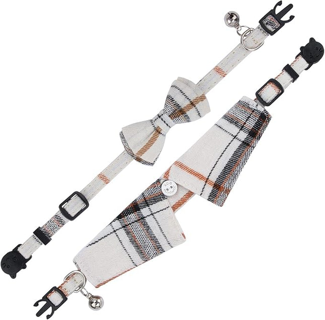 Faleela 2 Pack/Set Cat Collar with Cute Bow Tie and Bell,Breakaway Plaid Shirt Collar for Kitty Adjustable Safety