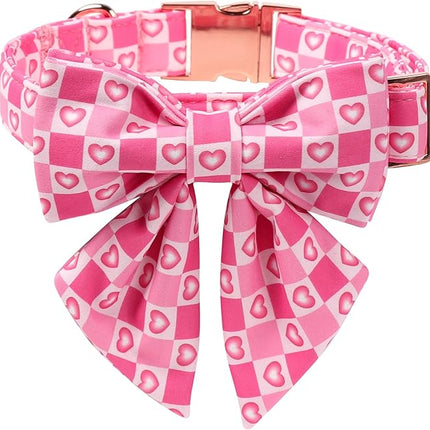 Maca Bates Valentine's Day Dog Collar with Sailor Bow for Medium Girl Boy Dogs,Checkered Pink Love Hearts Pattern,Adjustable Durable Soft Plaid Valentine Gift for Female Male Puppy
