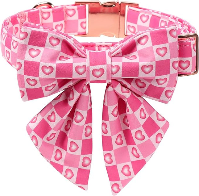 Maca Bates Valentine's Day Dog Collar with Sailor Bow for Extra Large Girl Boy Dogs,Checkered Pink Love Hearts Pattern,Adjustable Durable Soft Plaid Valentine Gift for Female Male Puppy
