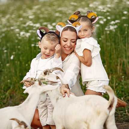 Beviliu Goat Ears Headband Set with Ram Horns, 3Pack Goat Ears and Horns Headband, Sheep Ears Custome Lamb Ears Headwear for Halloween Christmas Birthday Party Theme Cosplay
