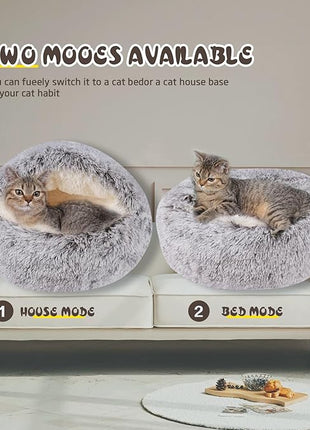 Cat Bed for Indoor Cats, Calming Cozy Cave with Self-Warming Plush, Entire Bed Machine Washable & Anti-Slip Base, Breathable Pet Bed for Small Cats&Dogs All Seasons (Khaki, 24 * 24inch)