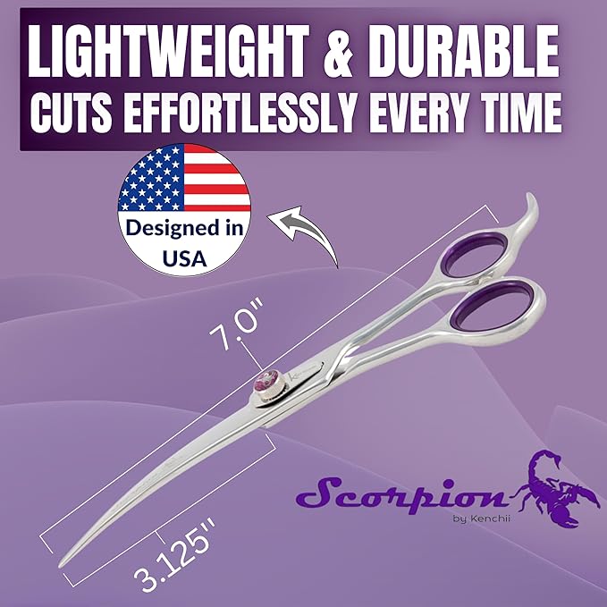 Kenchii Scorpion 7 Inch, Curved Grooming Scissors for Dogs and Pets - Premium Steel Scissors for Dog Grooming - Dog Shears Pet Grooming Accessories - Pet Hair Trimming Scissor