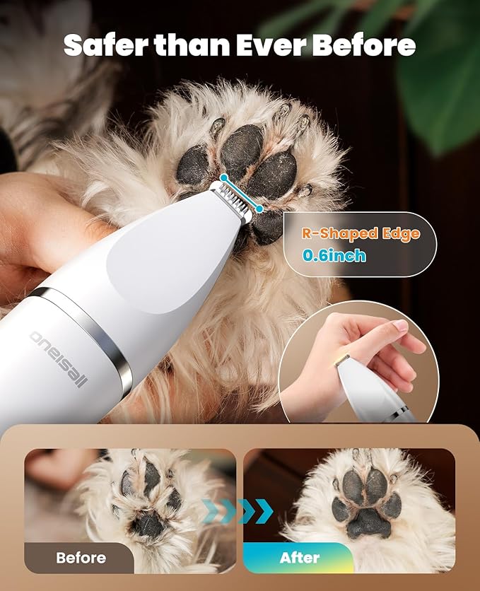 oneisall 4 in 1 Dog Grooming Kit with LCD Display, Dog Hair Trimmer for Paw Nail Grinder, Rechargeable Cordless Low Noise IPX7 Waterproof Pet Clippers (White)