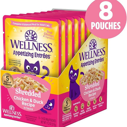 Wellness Appetizing Entrées Shredded Adult Wet Cat Food, Natural, Protein-Rich, Grain Free, 1.4 Ounce Pouch, 8 Pack (Chicken & Duck Recipe)