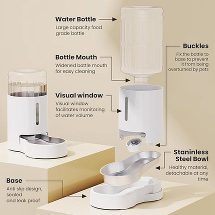 CZPET Dog Water Bowl Dispenser, 7L Automatic Dog and Cat Water Dispenser with Stainless Steel Bowl, Gravity Waterer, Large Capacity, and Quiet Drinking Area for Pets (7L,White)