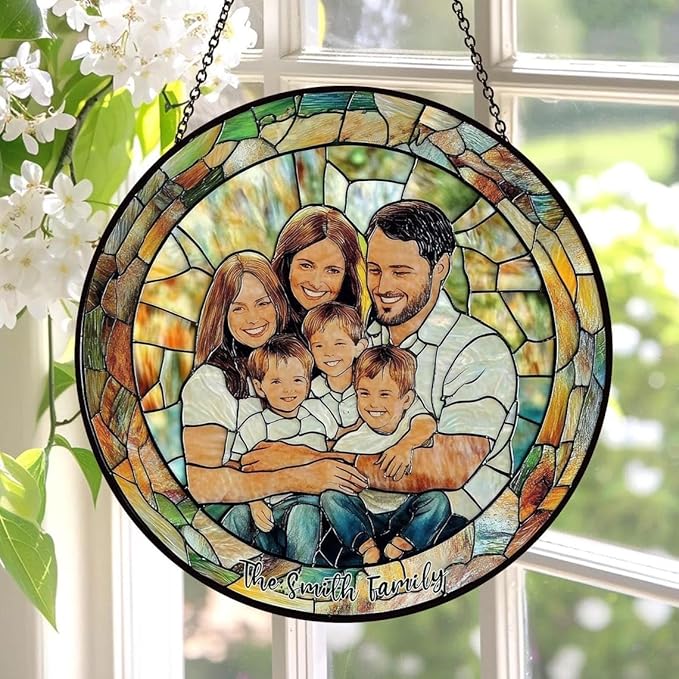 Custom Family Portrait Glass Suncatcher, Custom Portrait Stained Glass Suncatcher for Window Hanging, Gift for Dad, Personalized Family Portraits Stained Glasss Suncatchers, Memorial Gifts /15