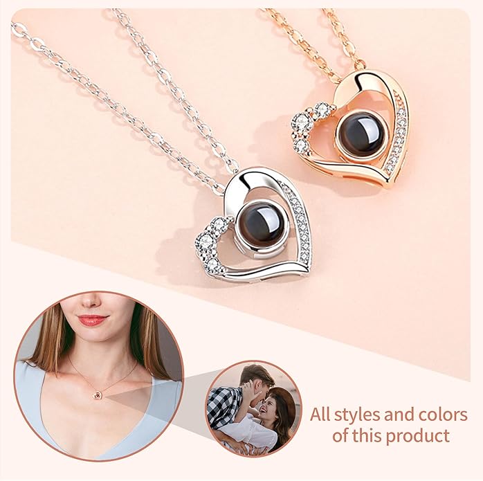 Easycosy Personalized Picture Necklace Projection Necklace with Photo Inside - Custom Photo Heart Pendant Necklace - Photo Gifts Valentines Birthday Love Memorial Gifts for Girlfriend Wife Women