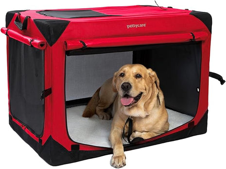 Pettycare 36 Inch Collapsible Dog Crate with Curtains Travel Dog Crate for Airflow and Calm Soft Pet Kennel with Portable Bag and More Chew Proof Mesh Indoor & Outdoor Red 4 Door Curtains