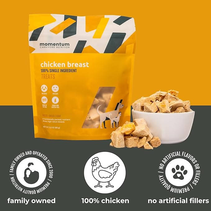 Momentum Carnivore Nutrition Freeze-Dried Chicken Breast Dog Treats – Single-Ingredient, Dog & Cat Treats – High-Protein, Grain-Free– 3 oz Bag