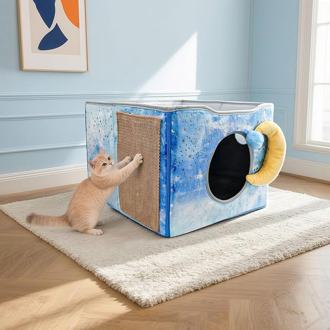 CWV Cat Houses for Indoor Cats, Cute Cat Cave Bed with Scratch Pad, Foldable Cat Cube for Multiple Large Cats, 17X17x13inch, Star Design