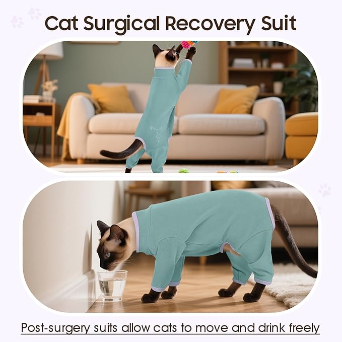 DENTRUN Cat Clothes for Hair Control with Hair Sticky Fabric - Soft Recovery Suit & Breathable Lint-Resistant Cat Sweater for Cats Only, Kitten Onesie Pajamas, L, Bean Green