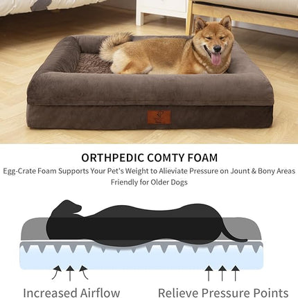 Large Orthopedic Dog Bed for Large Dogs, Waterproof Dog Bed with Removable Cover, 4-Sides Removable Bolster Dog Soft Sofa Bed with Non-Slip Bottom, Brown
