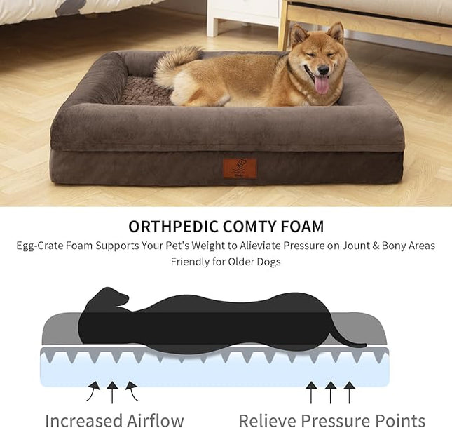 Large Orthopedic Dog Bed for Large Dogs, Waterproof Dog Bed with Removable Cover, 4-Sides Removable Bolster Dog Soft Sofa Bed with Non-Slip Bottom, Brown