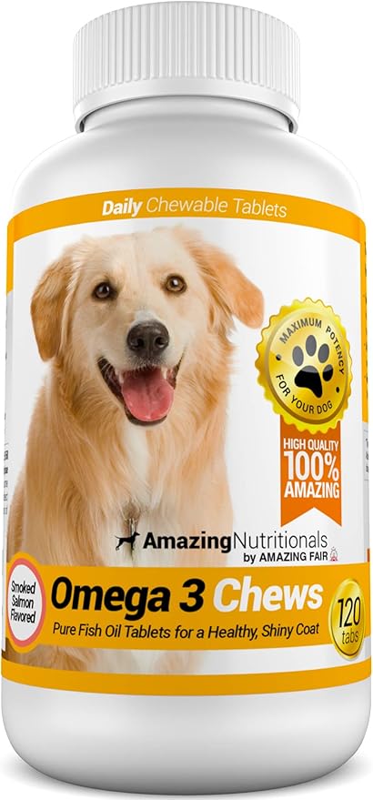 Amazing Omega 3 for Dogs - Omega 3 Fish Oil for Dogs Supplement for Itchy Skin Relief for Dry Skin and Hot Spots and Shedding Coat with EPA and DHA Fatty Acids - 120 Salmon Flavor Chews