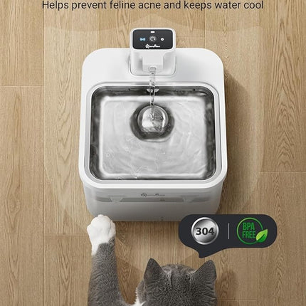 DownyPaws Battery Operated Cat Water Fountain Stainless Steel, 84oz/2.5L Fursink Wireless Pet Water Fountain for Cats Inside, Automatic Dog Water Dispenser with Faucet, Quiet Pump, BPA-Free, White
