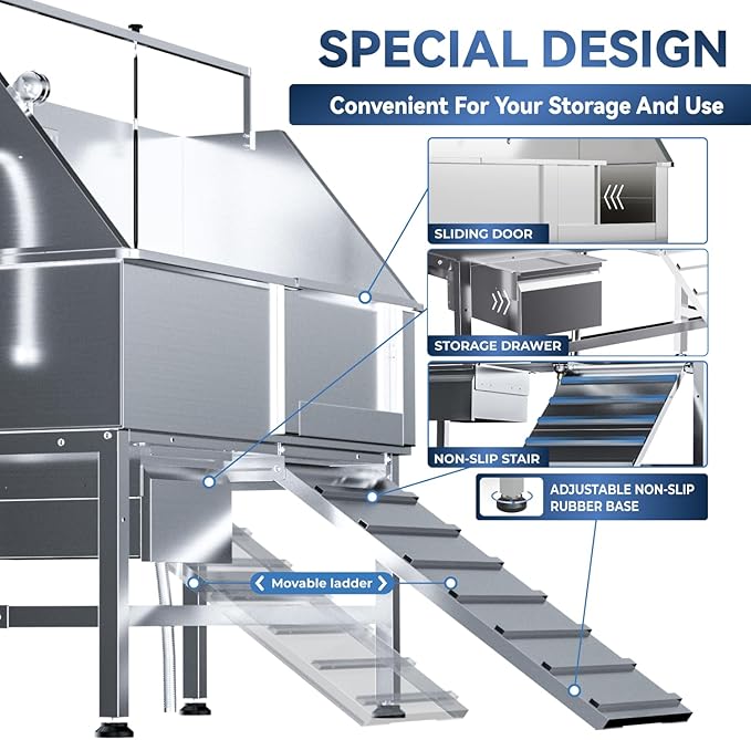 Dog Washing Station,Professional 46" Stainless Steel Dog Bathing Station Height Adjustable Dog Wash Station for Home Dog Grooming Tub Ramp, Drawer, Floor Grate & Fauct (R Ramp)