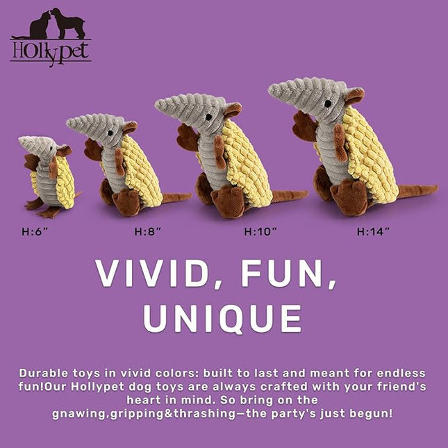 Hollypet Plush Dog Squeaky Toy Stuffed Armadillo Animal Pet Puppy Chew Toys with Clean Teeth for Small Medium Large All Breed Sizes Dogs, Yellow, 8 in