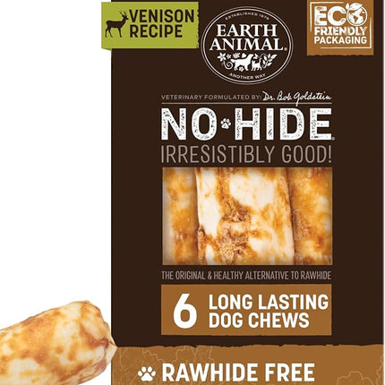 Earth Animal No Hide Chews - Long Lasting Rawhide Free Medium Dog Chews Rolls, Venison - 6 Count