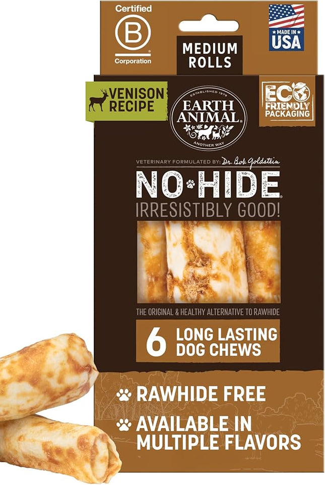 Earth Animal No Hide Chews - Long Lasting Rawhide Free Medium Dog Chews Rolls, Venison - 6 Count