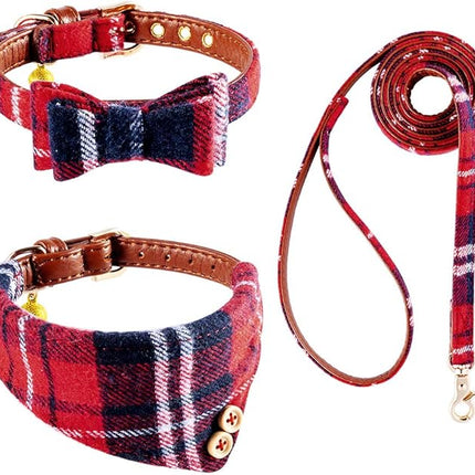 EXPAWLORER Dog Collar and Leash Set - Classic Plaid Dog Bow Tie and Dog Bandana Collar with Bell, Dog Leash Tangle Free, Adjustable Collars for Small Medium Large Dogs Cats, Holiday Ideal Gift
