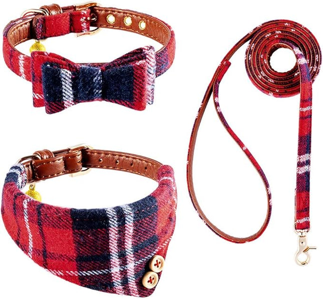EXPAWLORER Dog Collar and Leash Set - Classic Plaid Dog Bow Tie and Dog Bandana Collar with Bell, Dog Leash Tangle Free, Adjustable Collars for Small Medium Large Dogs Cats, Holiday Ideal Gift