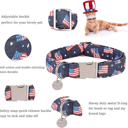 American Flag Dog Collar with Bow Tie, 4th of July Comfortable Cotton Cute Dog Collar with Metal Buckle, Patriotic Bowtie Collar for Puppy Girl Boy Dog, M