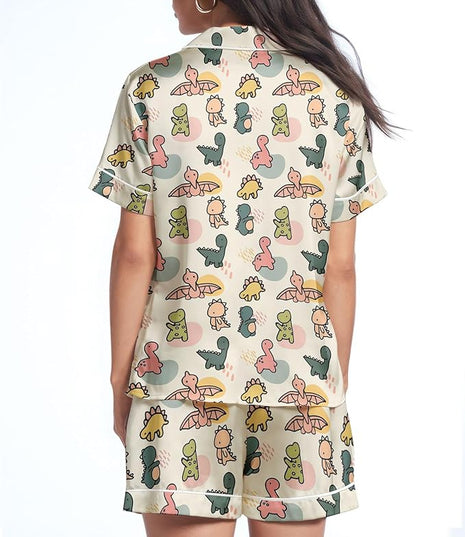 Women’s Silk Satin Pajama Set, Short Sleeve Button Down 2 Piece PJs with Shorts, Cozy Loungewear & Matching Holiday Pajamas