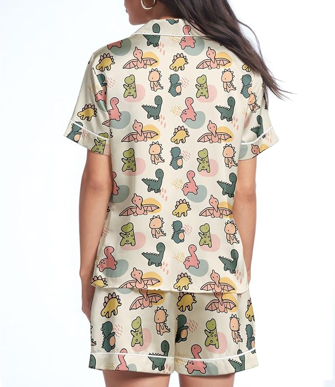 Women’s Silk Satin Pajama Set, Short Sleeve Button Down 2 Piece PJs with Shorts, Cozy Loungewear & Matching Holiday Pajamas