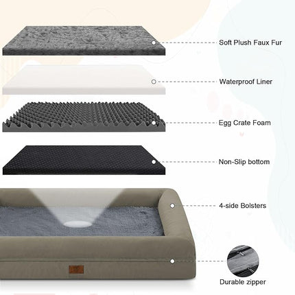 Large Orthopedic Dog Bed, Waterproof Dog Bed with Removable Cover, Washable Pet Beds for Large Dogs, 4-Sides Removable Bolster Egg Crate Foam Soft Couch with Nonskid Bottom, Olive Green