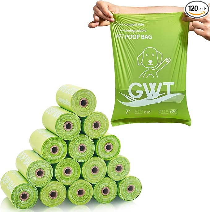 GWT Dog Poop Bags Rolls 9"x13" - Certified Home Plant Based Rolls, 120 Count Pet Waste Bags, Ideal for Outside and Backyard, Includes 8 Convenient Bags