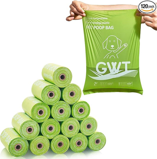GWT Dog Poop Bags Rolls 9"x13" - Certified Home Plant Based Rolls, 120 Count Pet Waste Bags, Ideal for Outside and Backyard, Includes 8 Convenient Bags