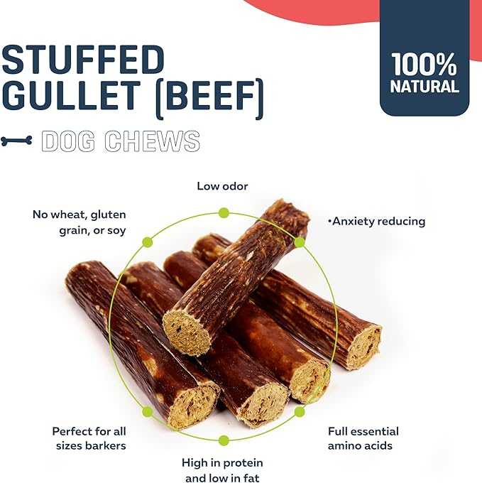 Big Lu - 6-Inch Stuffed Gullet Sticks, 10 Count, Premium Beef Dog Treats, All-Natural, High-Protein, Easily Digestible Chews for Dogs, Supports Dental Health and Joint Mobility