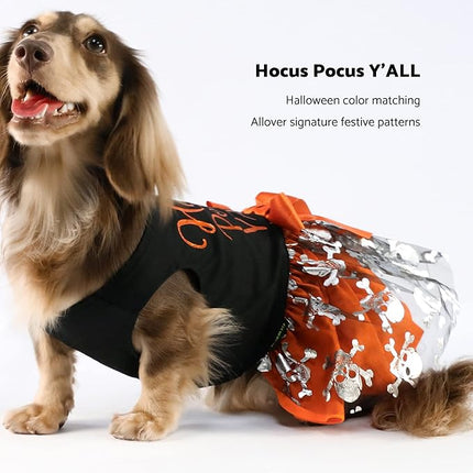 Fitwarm Hocus Pocus Y'all Funny Dog Halloween Tulle Dress, Holiday Dog Clothes for Small Dogs Girl, Funny Pirate Skull Pet Costume, Witch Cat Outfit, Orange, Black, XS