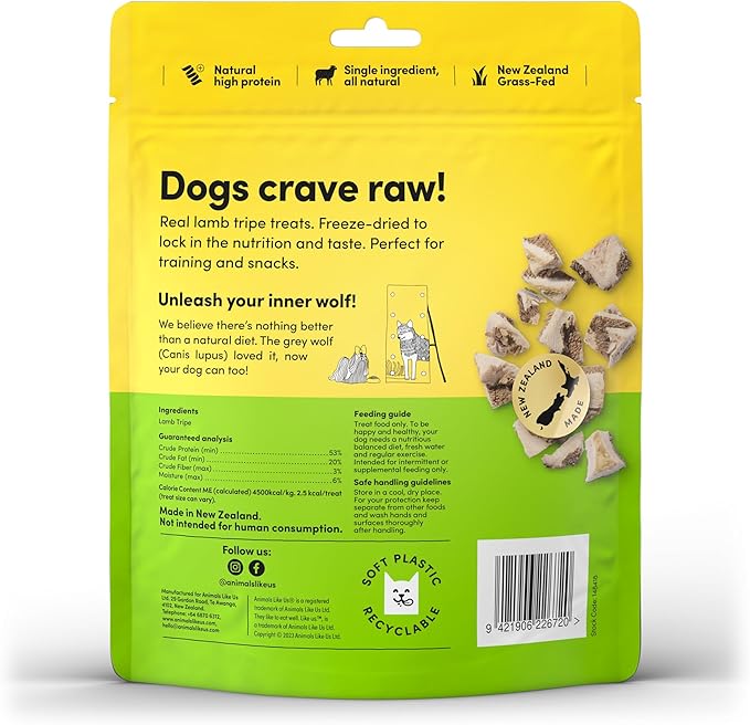 Premium Dog Treats, Freeze-Dried Raw 100% Grass-Fed Lamb Tripe, Single Ingredient, Protein Rich, Non-GMO, No Wheat or Corn, 2 oz