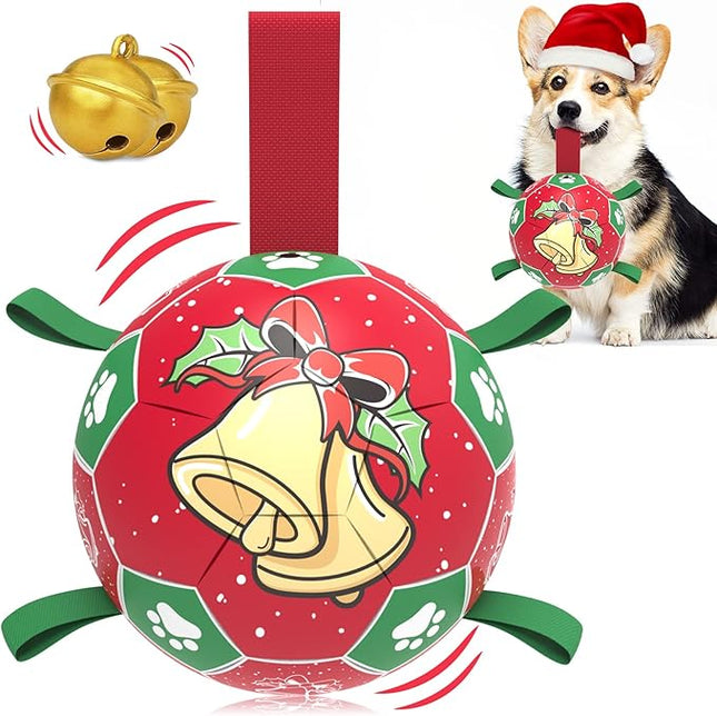 QDAN Christmas Dog Balls with Straps, Squeaky Dog Toys for Indoor Outdoor Playing, Puppy Birthday Gifts, Pet Toy Ball, Durable Herding Balls for Dogs (8 Inch)