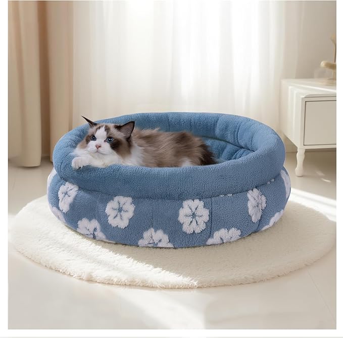 BALANCE Cat Beds for Indoor Cats, Washable Round Cat Bed, Cute 3D Flower Kitten Bed with Anti-Slip Bottom for Puppy and Kitten, 23 Inches, Blue