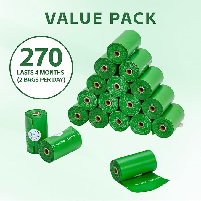 270 Count Scented Dog Poop Bags Rolls, 20 Micron Ultra Thick, Heavy Duty Tear Resistant Leak Proof for Yuck-Free Cleanup, Includes Dispenser & Leash Clip, 9 x 13 Inch, Gaze Doodle (Green)